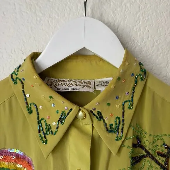 Vintage Green Silk Sequin Embroidered Rainbow Frog Button Up Top - Picture 3 of 8